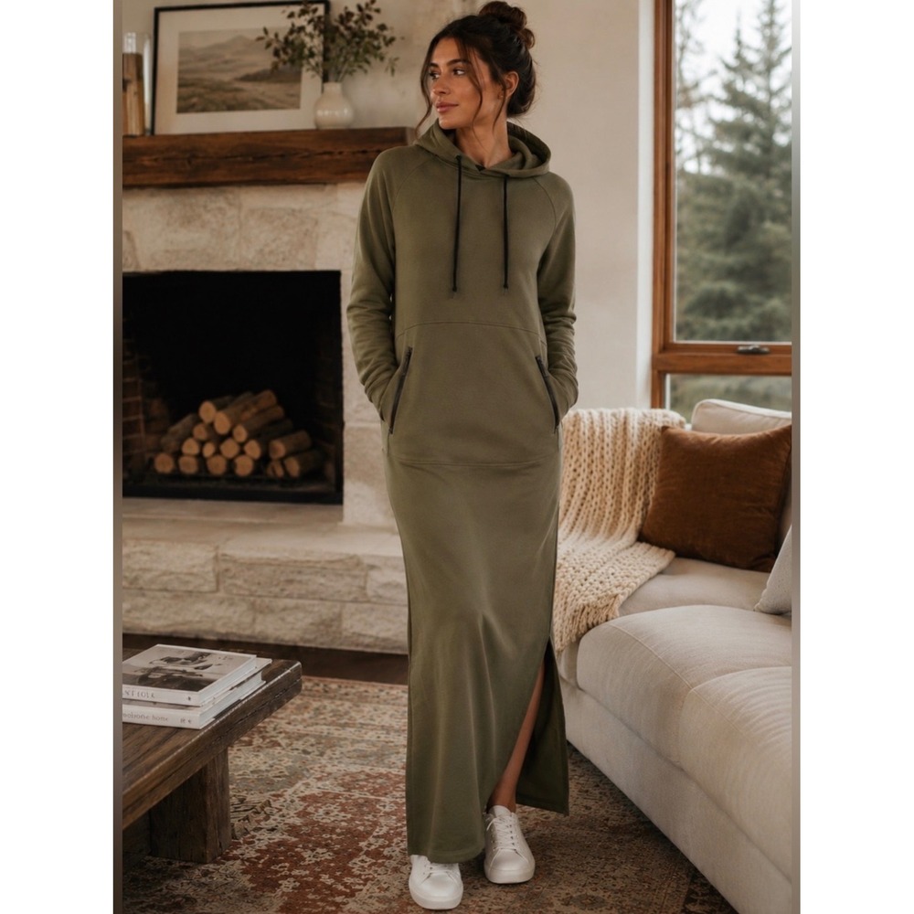 Marcella NYC Elba Hooded
Sweatshirt Maxi Dress Olive Green Cowl Neck Maxi Slit